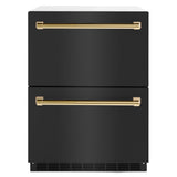 ZLINE Autograph Edition 24 in. Touchstone 168 Can Outdoor-Rated Dual Refrigerator Drawer with Black Stainless Steel Doors and Polished Gold Handles (RDSOZ-BS-24-G) - (RDSOZBS24G) -