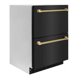 ZLINE Autograph Edition 24 in. Touchstone 168 Can Outdoor-Rated Dual Refrigerator Drawer with Black Stainless Steel Doors and Polished Gold Handles (RDSOZ-BS-24-G) - (RDSOZBS24G) -