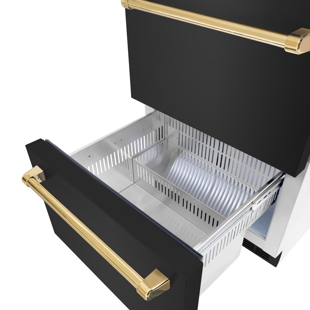 ZLINE Autograph Edition 24 in. Touchstone 168 Can Outdoor-Rated Dual Refrigerator Drawer with Black Stainless Steel Doors and Polished Gold Handles (RDSOZ-BS-24-G) - (RDSOZBS24G) -