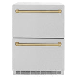 ZLINE Autograph Edition 24 in. Touchstone 168 Can Outdoor-Rated Dual Refrigerator Drawer with DuraSnow® Stainless Steel Doors and Champagne Bronze Handles (RDSOZ-SN-24-CB) - (RDSOZSN24CB) -