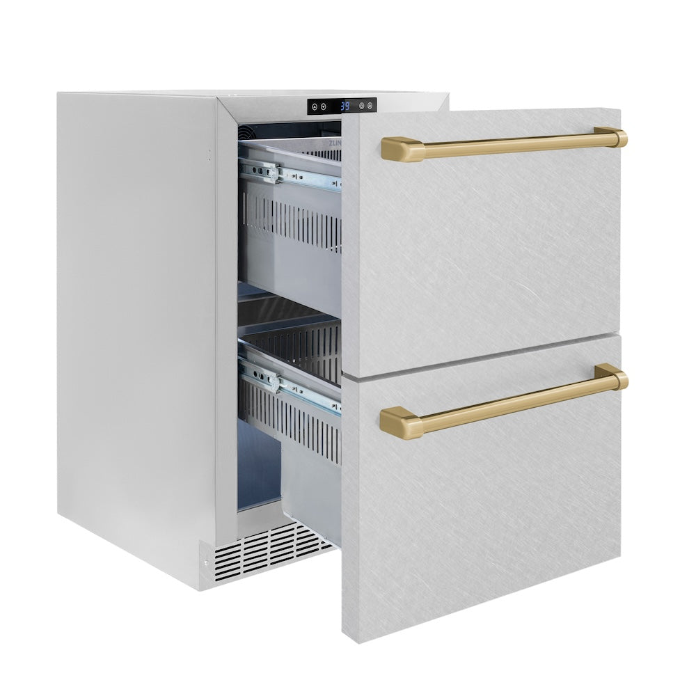 ZLINE Autograph Edition 24 in. Touchstone 168 Can Outdoor-Rated Dual Refrigerator Drawer with DuraSnow® Stainless Steel Doors and Champagne Bronze Handles (RDSOZ-SN-24-CB) - (RDSOZSN24CB) -