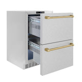 ZLINE Autograph Edition 24 in. Touchstone 168 Can Outdoor-Rated Dual Refrigerator Drawer with DuraSnow® Stainless Steel Doors and Champagne Bronze Handles (RDSOZ-SN-24-CB) - (RDSOZSN24CB) -