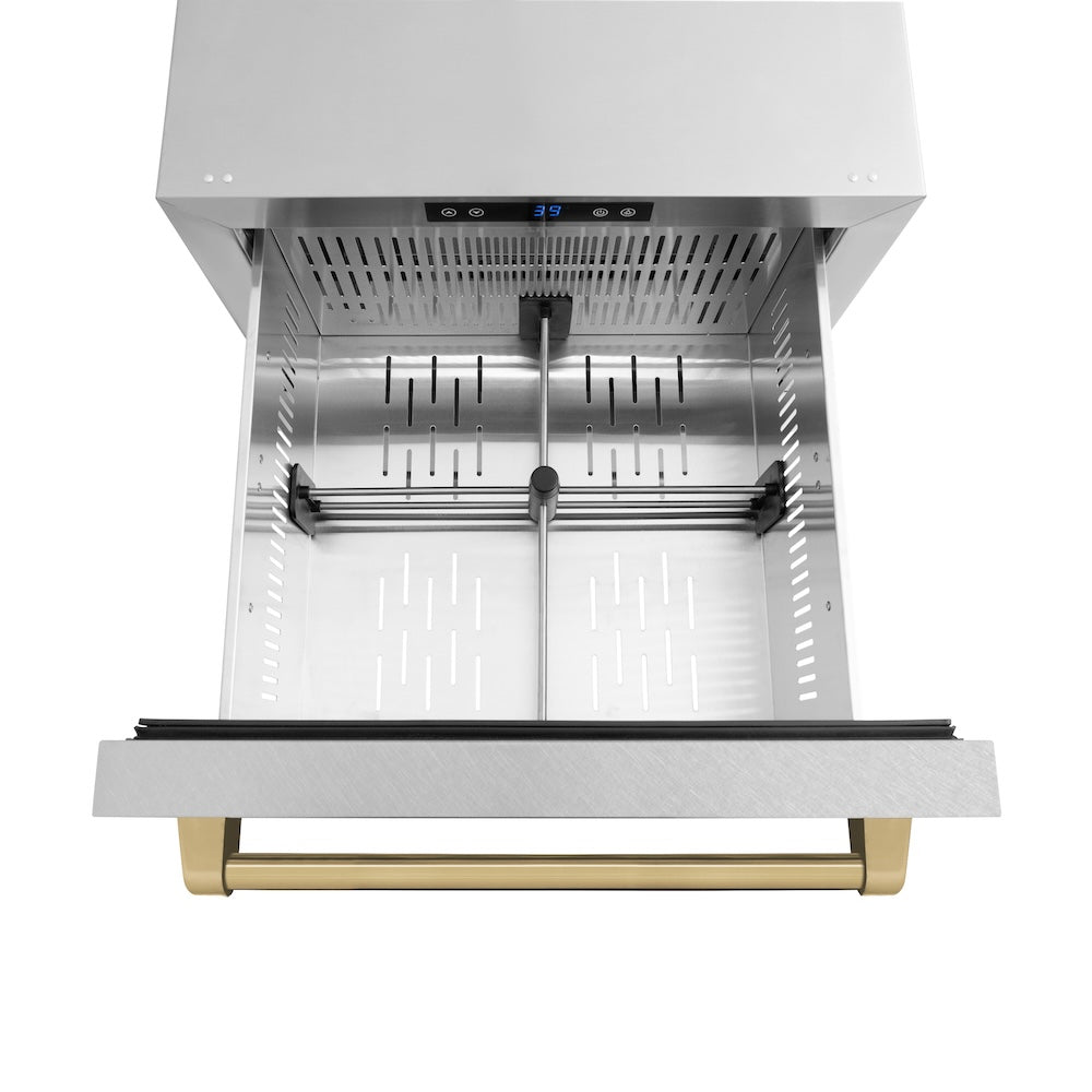 ZLINE Autograph Edition 24 in. Touchstone 168 Can Outdoor-Rated Dual Refrigerator Drawer with DuraSnow® Stainless Steel Doors and Champagne Bronze Handles (RDSOZ-SN-24-CB) - (RDSOZSN24CB) -