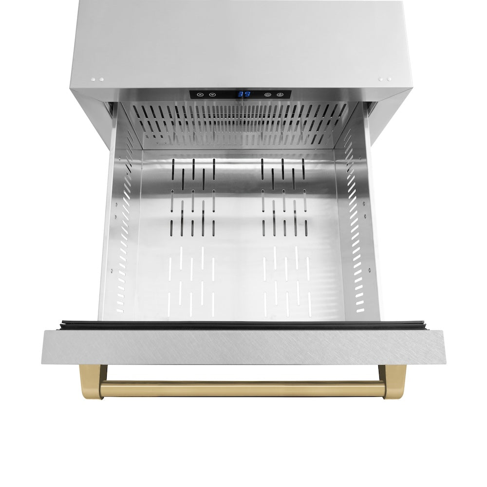 ZLINE Autograph Edition 24 in. Touchstone 168 Can Outdoor-Rated Dual Refrigerator Drawer with DuraSnow® Stainless Steel Doors and Champagne Bronze Handles (RDSOZ-SN-24-CB) - (RDSOZSN24CB) -