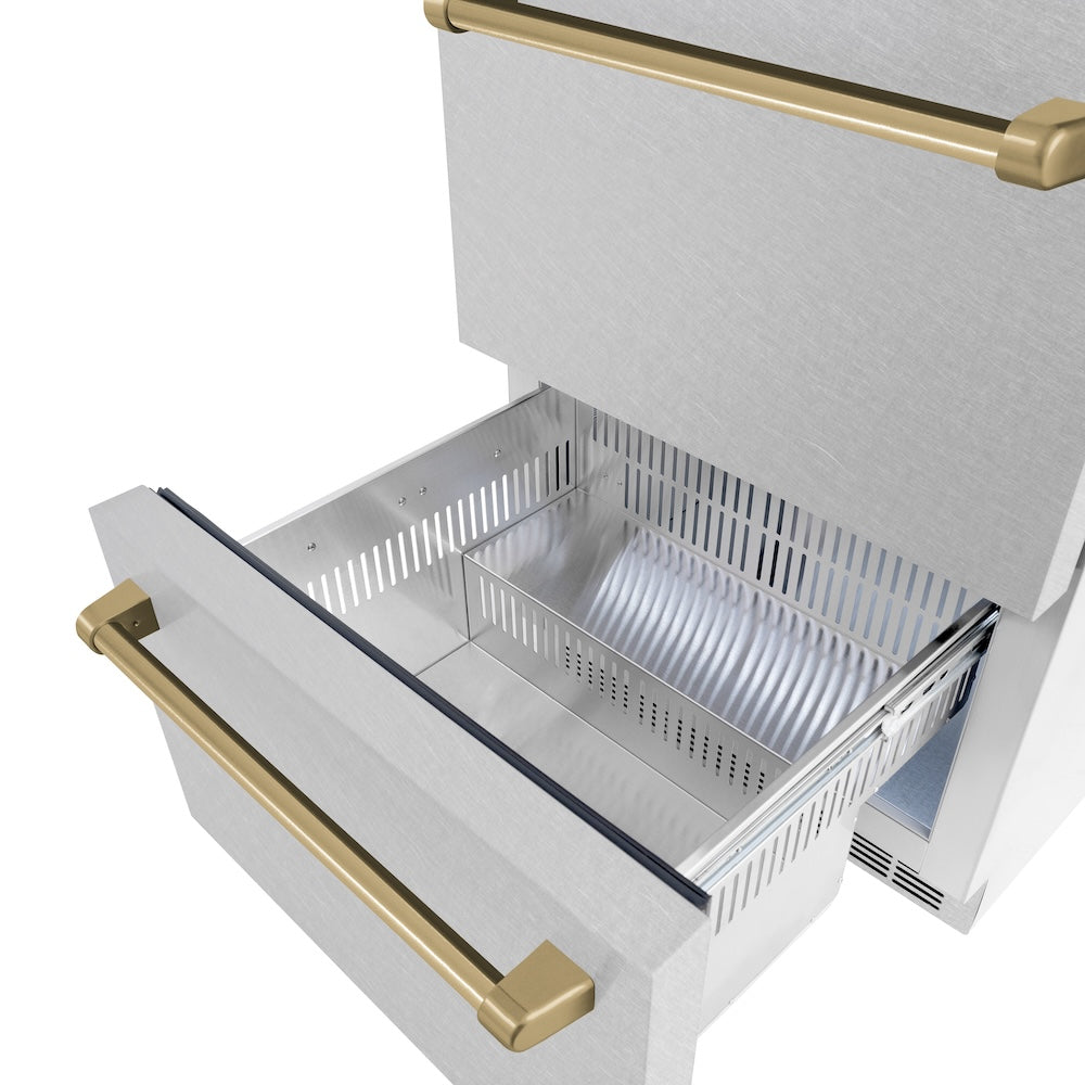 ZLINE Autograph Edition 24 in. Touchstone 168 Can Outdoor-Rated Dual Refrigerator Drawer with DuraSnow® Stainless Steel Doors and Champagne Bronze Handles (RDSOZ-SN-24-CB) - (RDSOZSN24CB) -