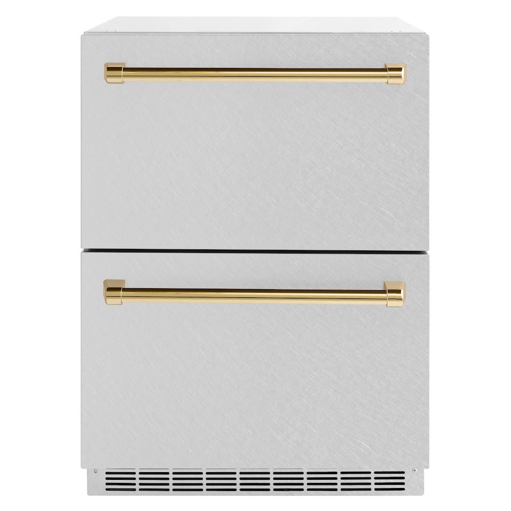 ZLINE Autograph Edition 24 in. Touchstone 168 Can Outdoor-Rated Dual Refrigerator Drawer with DuraSnow® Stainless Steel Doors and Polished Gold Handles (RDSOZ-SN-24-G) - (RDSOZSN24G) -