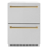 ZLINE Autograph Edition 24 in. Touchstone 168 Can Outdoor-Rated Dual Refrigerator Drawer with DuraSnow® Stainless Steel Doors and Polished Gold Handles (RDSOZ-SN-24-G) - (RDSOZSN24G) -