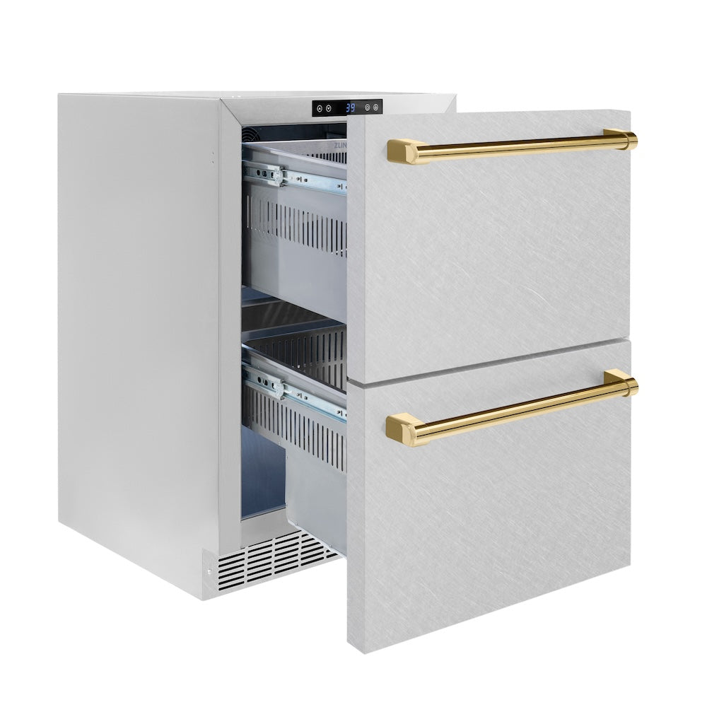 ZLINE Autograph Edition 24 in. Touchstone 168 Can Outdoor-Rated Dual Refrigerator Drawer with DuraSnow® Stainless Steel Doors and Polished Gold Handles (RDSOZ-SN-24-G) - (RDSOZSN24G) -
