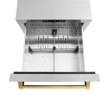 ZLINE Autograph Edition 24 in. Touchstone 168 Can Outdoor-Rated Dual Refrigerator Drawer with DuraSnow® Stainless Steel Doors and Polished Gold Handles (RDSOZ-SN-24-G) - (RDSOZSN24G) -