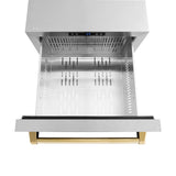 ZLINE Autograph Edition 24 in. Touchstone 168 Can Outdoor-Rated Dual Refrigerator Drawer with DuraSnow® Stainless Steel Doors and Polished Gold Handles (RDSOZ-SN-24-G) - (RDSOZSN24G) -
