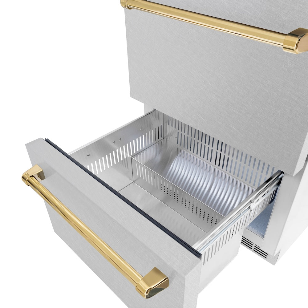 ZLINE Autograph Edition 24 in. Touchstone 168 Can Outdoor-Rated Dual Refrigerator Drawer with DuraSnow® Stainless Steel Doors and Polished Gold Handles (RDSOZ-SN-24-G) - (RDSOZSN24G) -