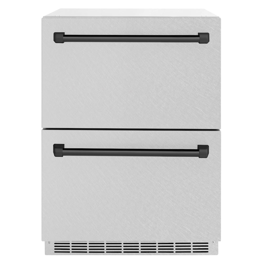 ZLINE Autograph Edition 24 in. Touchstone 168 Can Outdoor-Rated Dual Refrigerator Drawer with DuraSnow® Stainless Steel Doors and Matte Black Handles (RDSOZ-SN-24-MB) - (RDSOZSN24MB) -
