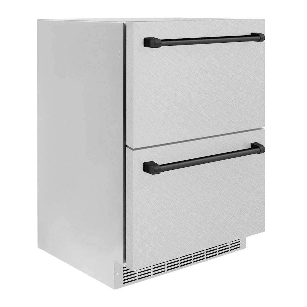 ZLINE Autograph Edition 24 in. Touchstone 168 Can Outdoor-Rated Dual Refrigerator Drawer with DuraSnow® Stainless Steel Doors and Matte Black Handles (RDSOZ-SN-24-MB) - (RDSOZSN24MB) -