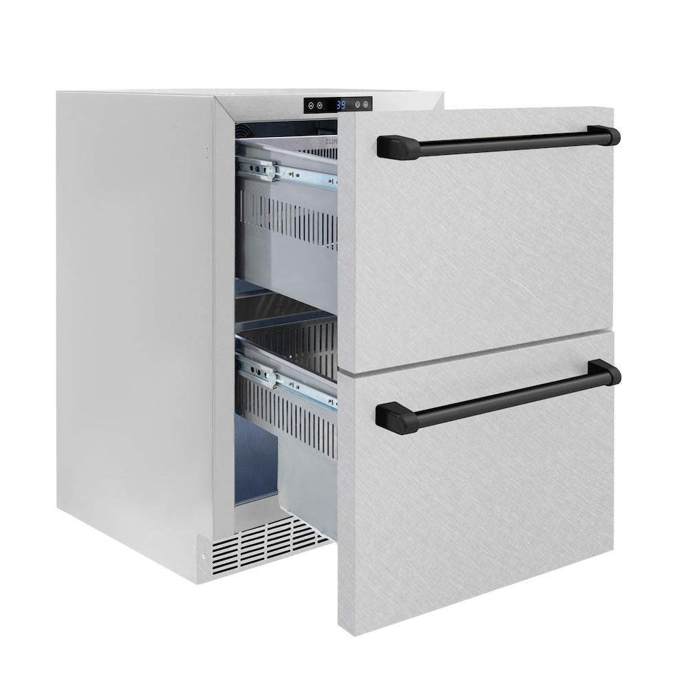 ZLINE Autograph Edition 24 in. Touchstone 168 Can Outdoor-Rated Dual Refrigerator Drawer with DuraSnow® Stainless Steel Doors and Matte Black Handles (RDSOZ-SN-24-MB) - (RDSOZSN24MB) -