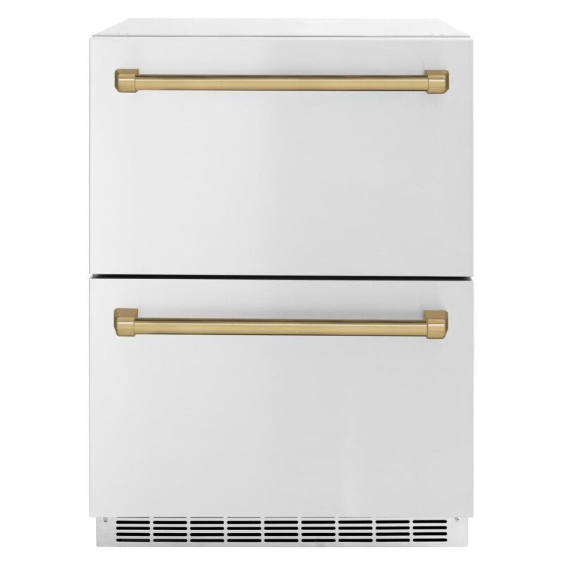 ZLINE Autograph Edition 24 in. Touchstone 168 Can Outdoor-Rated Dual Refrigerator Drawer with Stainless Steel Doors and Champagne Bronze Handles (RDSOZ-ST-24-CB) - (RDSOZST24CB) -