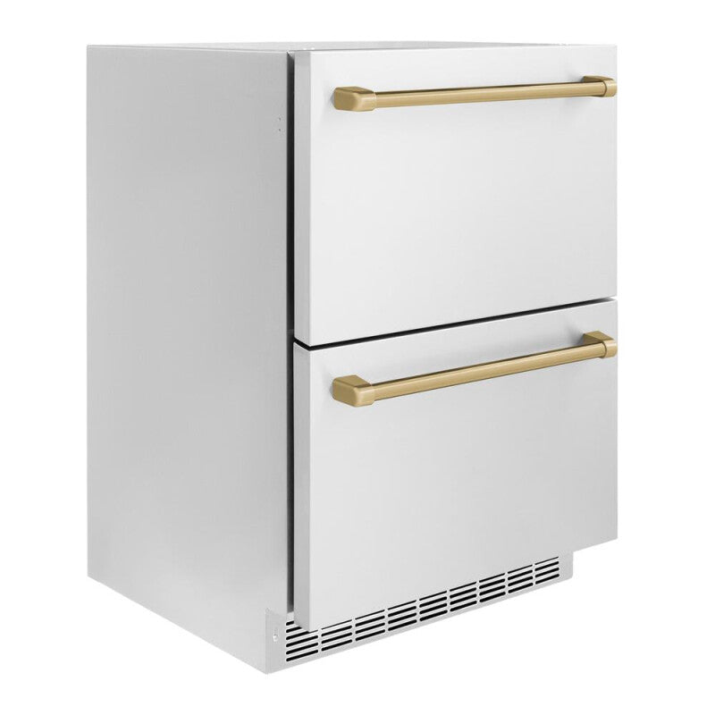 ZLINE Autograph Edition 24 in. Touchstone 168 Can Outdoor-Rated Dual Refrigerator Drawer with Stainless Steel Doors and Champagne Bronze Handles (RDSOZ-ST-24-CB) - (RDSOZST24CB) -