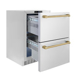 ZLINE Autograph Edition 24 in. Touchstone 168 Can Outdoor-Rated Dual Refrigerator Drawer with Stainless Steel Doors and Champagne Bronze Handles (RDSOZ-ST-24-CB) - (RDSOZST24CB) -