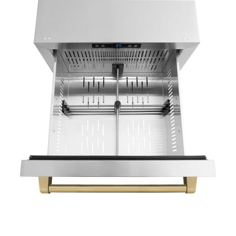 ZLINE Autograph Edition 24 in. Touchstone 168 Can Outdoor-Rated Dual Refrigerator Drawer with Stainless Steel Doors and Champagne Bronze Handles (RDSOZ-ST-24-CB) - (RDSOZST24CB) -