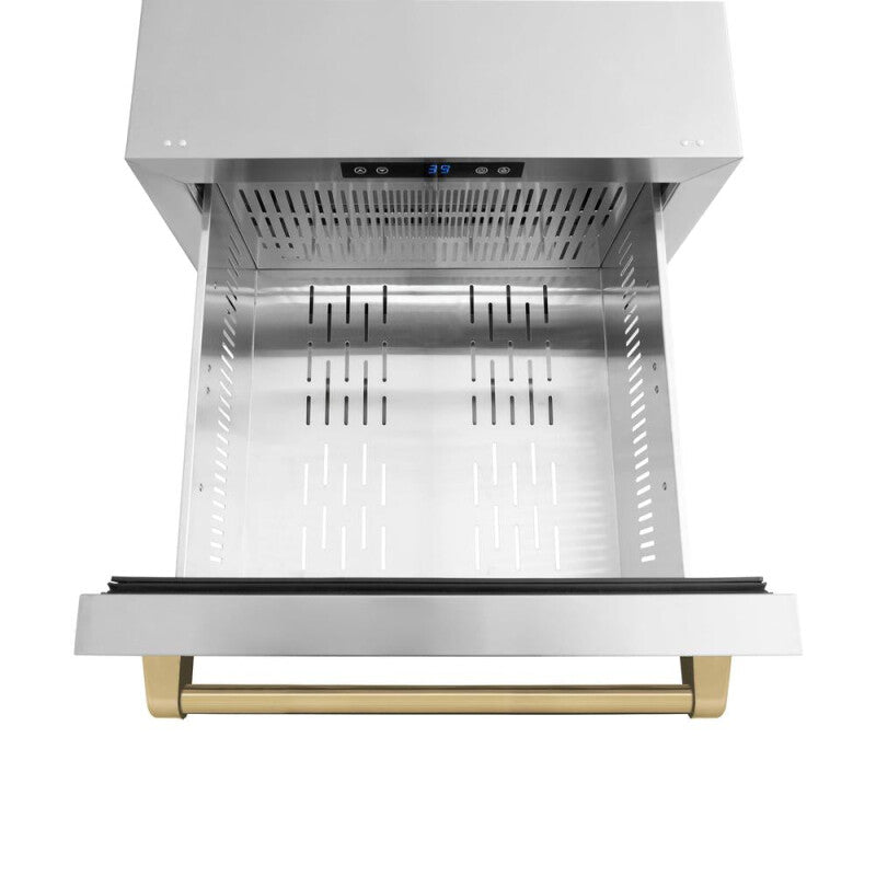 ZLINE Autograph Edition 24 in. Touchstone 168 Can Outdoor-Rated Dual Refrigerator Drawer with Stainless Steel Doors and Champagne Bronze Handles (RDSOZ-ST-24-CB) - (RDSOZST24CB) -