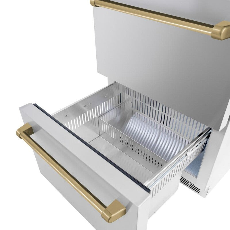ZLINE Autograph Edition 24 in. Touchstone 168 Can Outdoor-Rated Dual Refrigerator Drawer with Stainless Steel Doors and Champagne Bronze Handles (RDSOZ-ST-24-CB) - (RDSOZST24CB) -