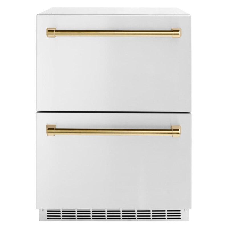 ZLINE Autograph Edition 24 in. Touchstone 168 Can Outdoor-Rated Dual Refrigerator Drawer with Stainless Steel Doors and Polished Gold Handles (RDSOZ-ST-24-G) - (RDSOZST24G) -