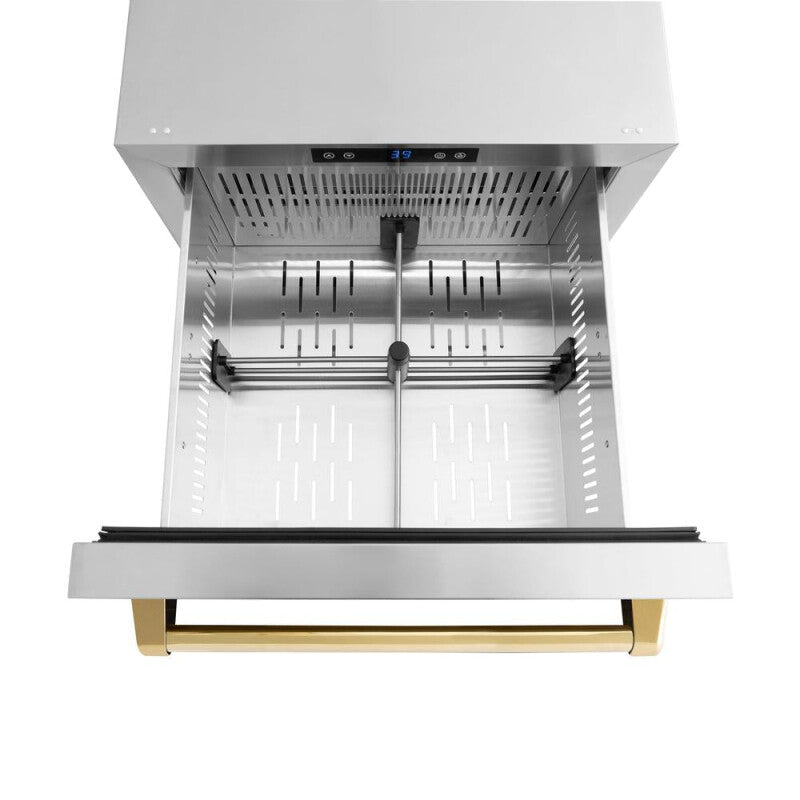 ZLINE Autograph Edition 24 in. Touchstone 168 Can Outdoor-Rated Dual Refrigerator Drawer with Stainless Steel Doors and Polished Gold Handles (RDSOZ-ST-24-G) - (RDSOZST24G) -