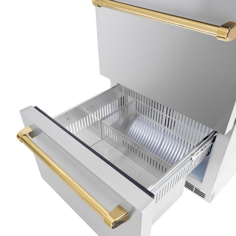 ZLINE Autograph Edition 24 in. Touchstone 168 Can Outdoor-Rated Dual Refrigerator Drawer with Stainless Steel Doors and Polished Gold Handles (RDSOZ-ST-24-G) - (RDSOZST24G) -