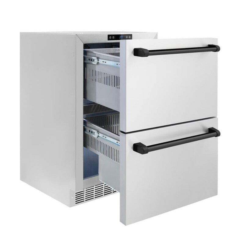 ZLINE Autograph Edition 24 in. Touchstone 168 Can Outdoor-Rated Dual Refrigerator Drawer with Stainless Steel Doors and Matte Black Handles (RDSOZ-ST-24-MB) - (RDSOZST24MB) -
