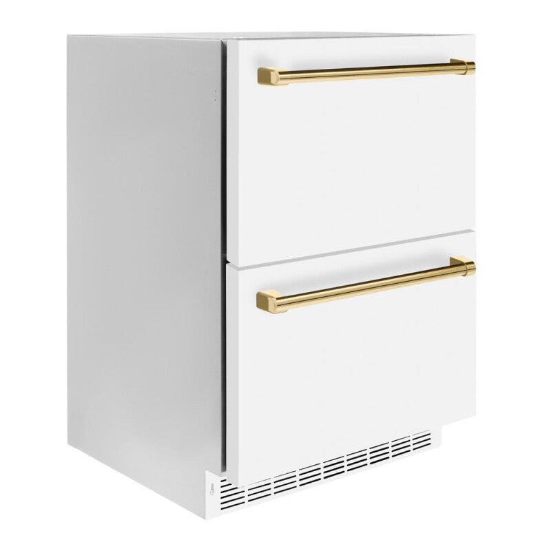 Autograph Edition 24 in. Touchstone 168 Can Outdoor-Rated Dual Refrigerator Drawer with White Matte Doors and Polished Gold Handles - (RDSOZWM24G) -