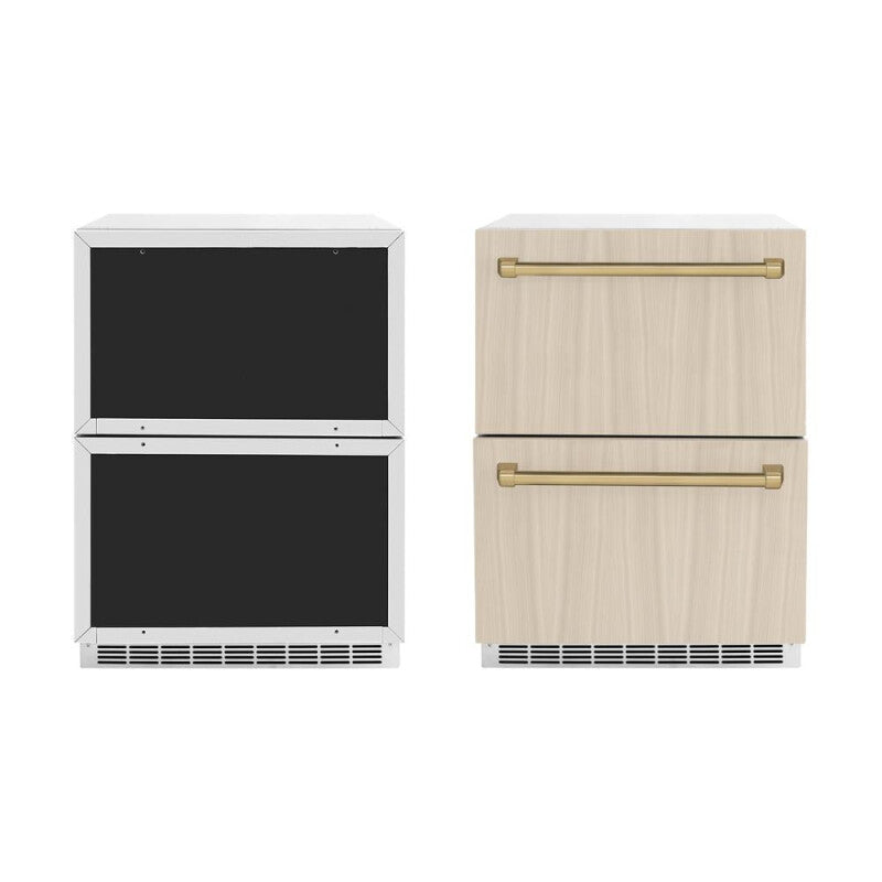 ZLINE Autograph Edition 24 in. Touchstone 168 Can Outdoor-Rated Dual Refrigerator Drawer with Panel-Ready Doors and Champagne Bronze Handles (RDSPOZ-24-CB) - (RDSPOZ24CB) -