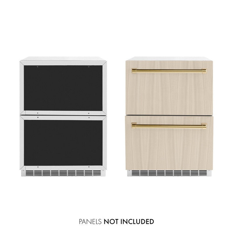 ZLINE Autograph Edition 24 in. Touchstone 168 Can Outdoor-Rated Dual Refrigerator Drawer with Panel-Ready Doors and Polished Gold Handles (RDSPOZ-24-G) - (RDSPOZ24G) -