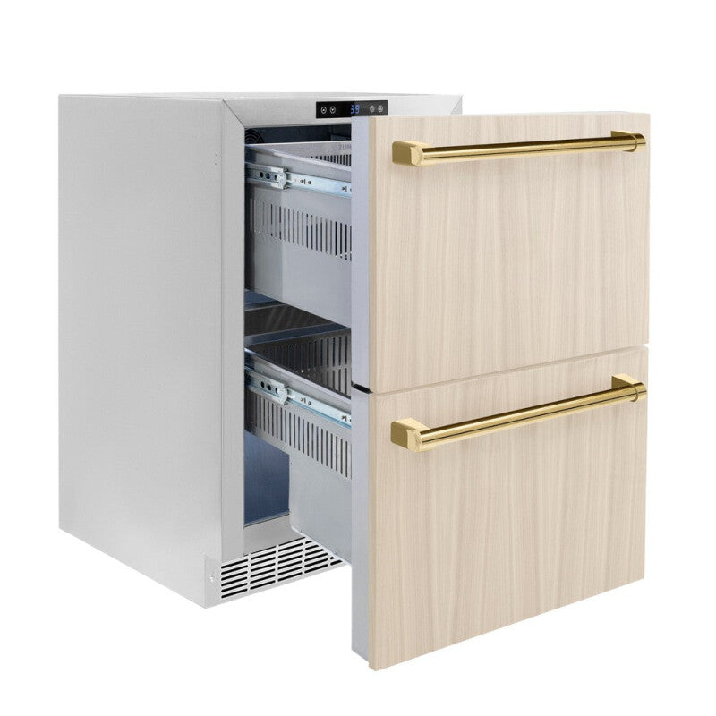 ZLINE Autograph Edition 24 in. Touchstone 168 Can Outdoor-Rated Dual Refrigerator Drawer with Panel-Ready Doors and Polished Gold Handles (RDSPOZ-24-G) - (RDSPOZ24G) -
