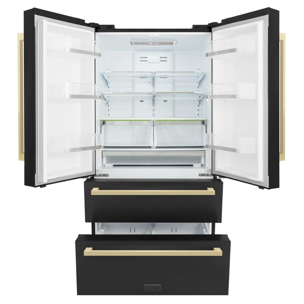 36"Autograph Edition 22.5 cu. ft 4-Door French Door Refrigerator with Ice Maker in Black Stainless Steel with Champagne Bronze Square Handles - (RFMZ36BSFCB) -