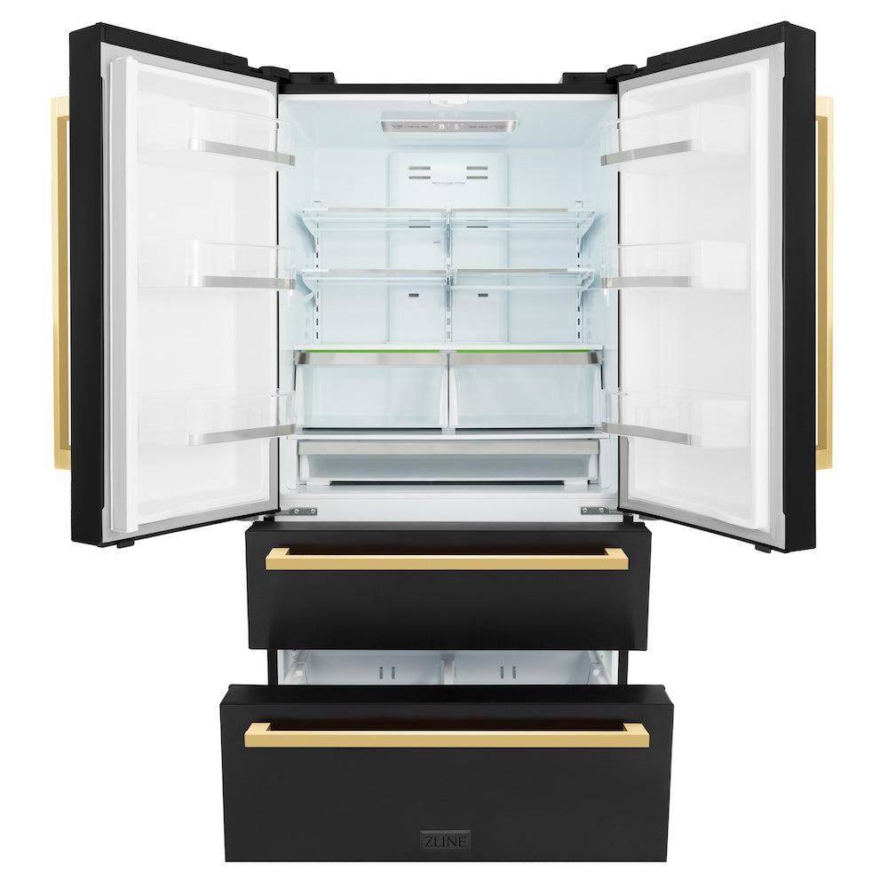 36in. Autograph Edition 22.5 cu. ft 4-Door French Door Refrigerator with Ice Maker in Black Stainless Steel with Polished Gold Square Handles - (RFMZ36BSFG) -