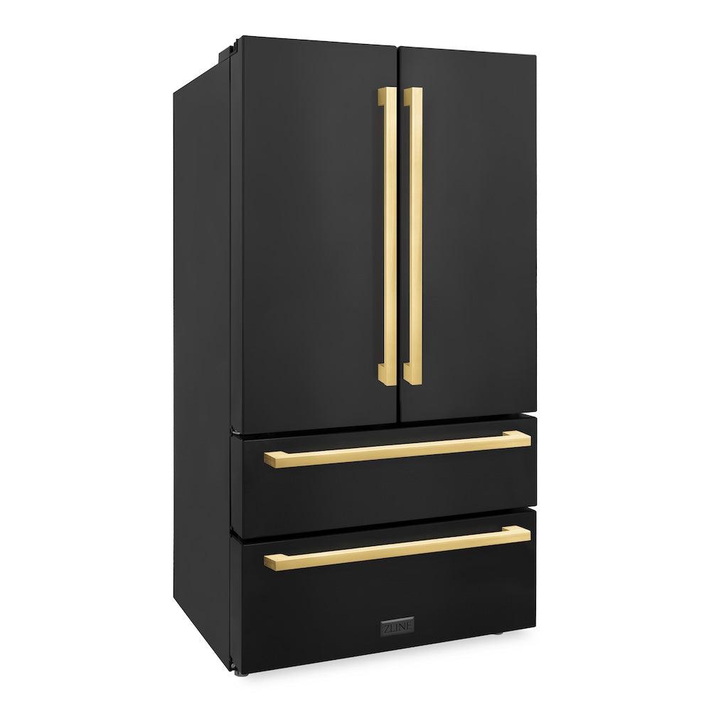 36in. Autograph Edition 22.5 cu. ft 4-Door French Door Refrigerator with Ice Maker in Black Stainless Steel with Polished Gold Square Handles - (RFMZ36BSFG) -