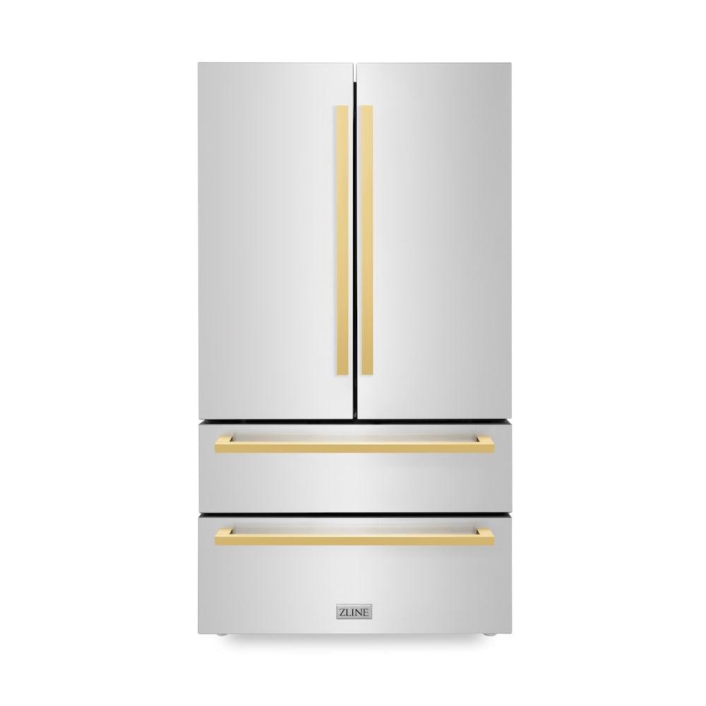 36in. Autograph Edition 22.5 cu. ft 4-Door French Door Refrigerator with Ice Maker in Stainless Steel with Polished Gold Square Handles - (RFMZ36FG) -