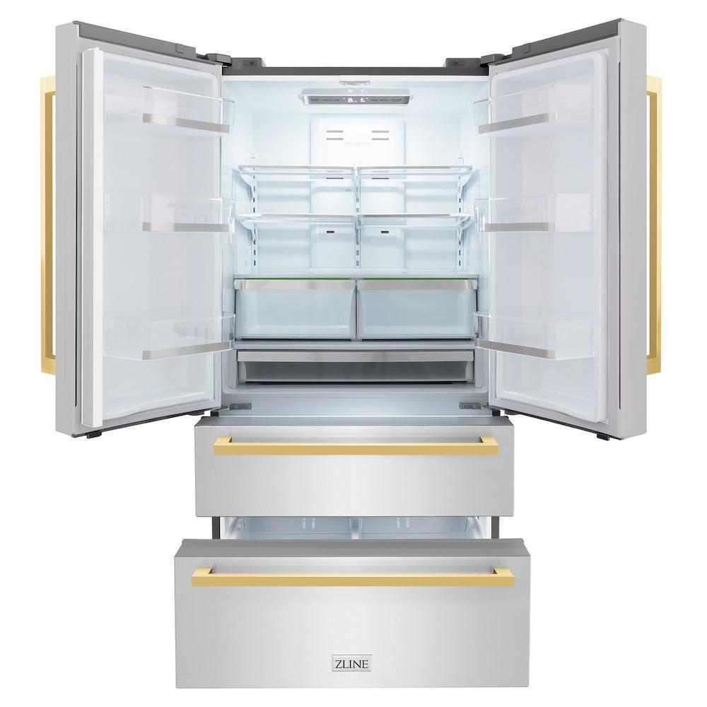 36in. Autograph Edition 22.5 cu. ft 4-Door French Door Refrigerator with Ice Maker in Stainless Steel with Polished Gold Square Handles - (RFMZ36FG) -