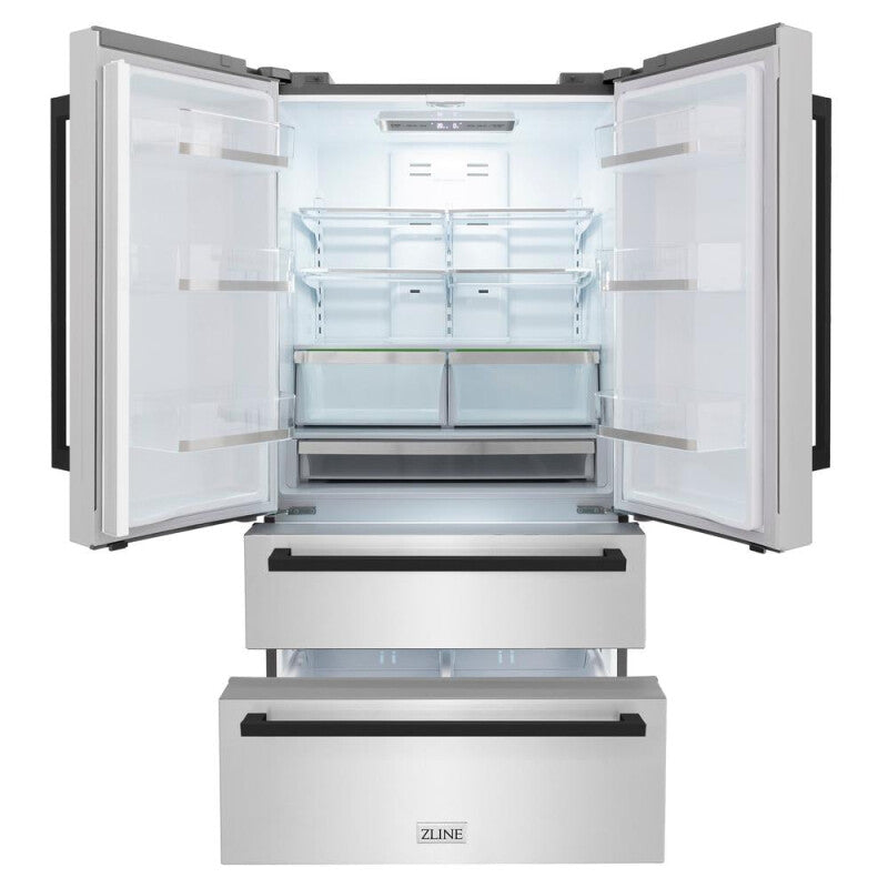 ZLINE Autograph Edition 36 in. 22.5 cu. ft. Counter-Depth French Door Refrigerator with Ice Maker in Fingerprint-Resistant Stainless Steel with Matte Black Modern Handles (RFMZ-36-FMB) - (RFMZ36FMB) -