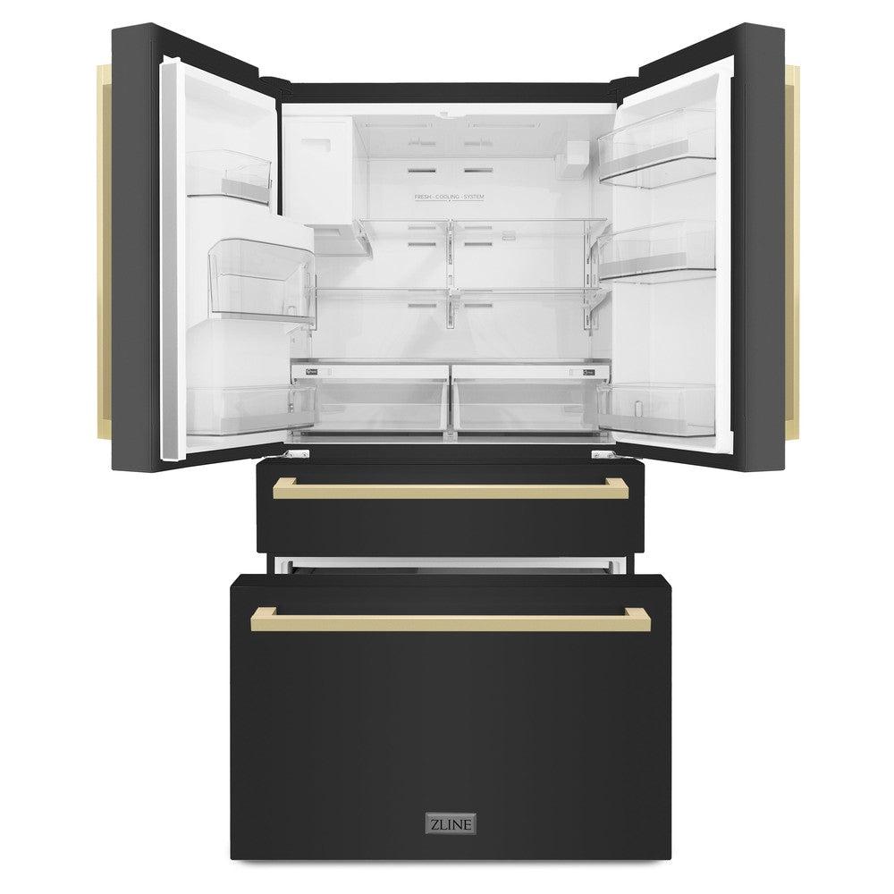 36"Autograph Edition 21.6 cu. ft 4-Door French Door Refrigerator with Water and Ice Dispenser in Black Stainless Steel with Champagne Bronze Square Handles - (RFMZW36BSFCB) -
