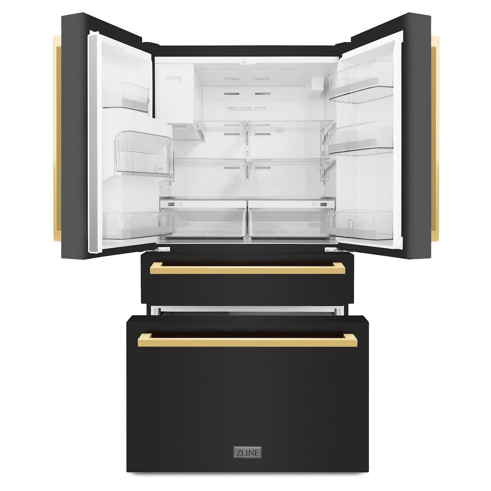 36in. Autograph Edition 21.6 cu. ft 4-Door French Door Refrigerator with Water and Ice Dispenser in Black Stainless Steel with Polished Gold Square Handles - (RFMZW36BSFG) -