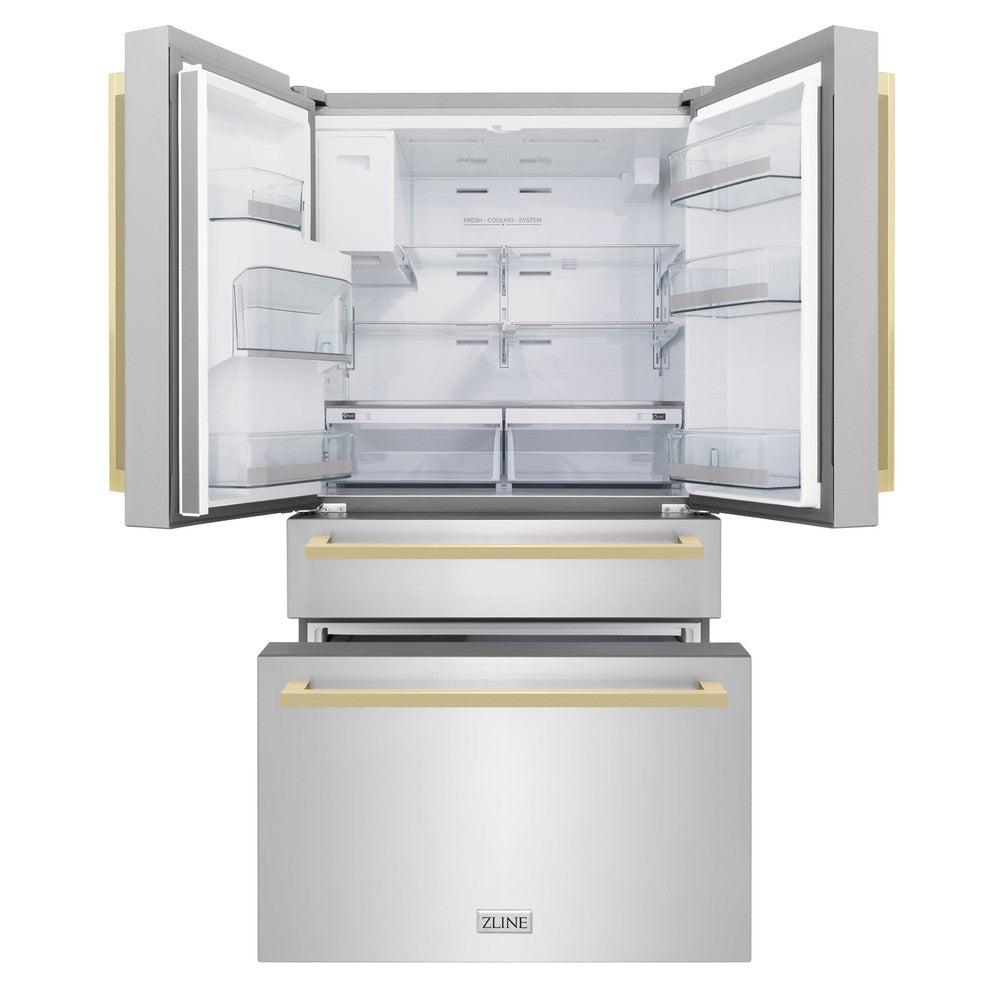 36"Autograph Edition 21.6 cu. ft 4-Door French Door Refrigerator with Water and Ice Dispenser in Stainless Steel with Champagne Bronze Square Handles - (RFMZW36FCB) -