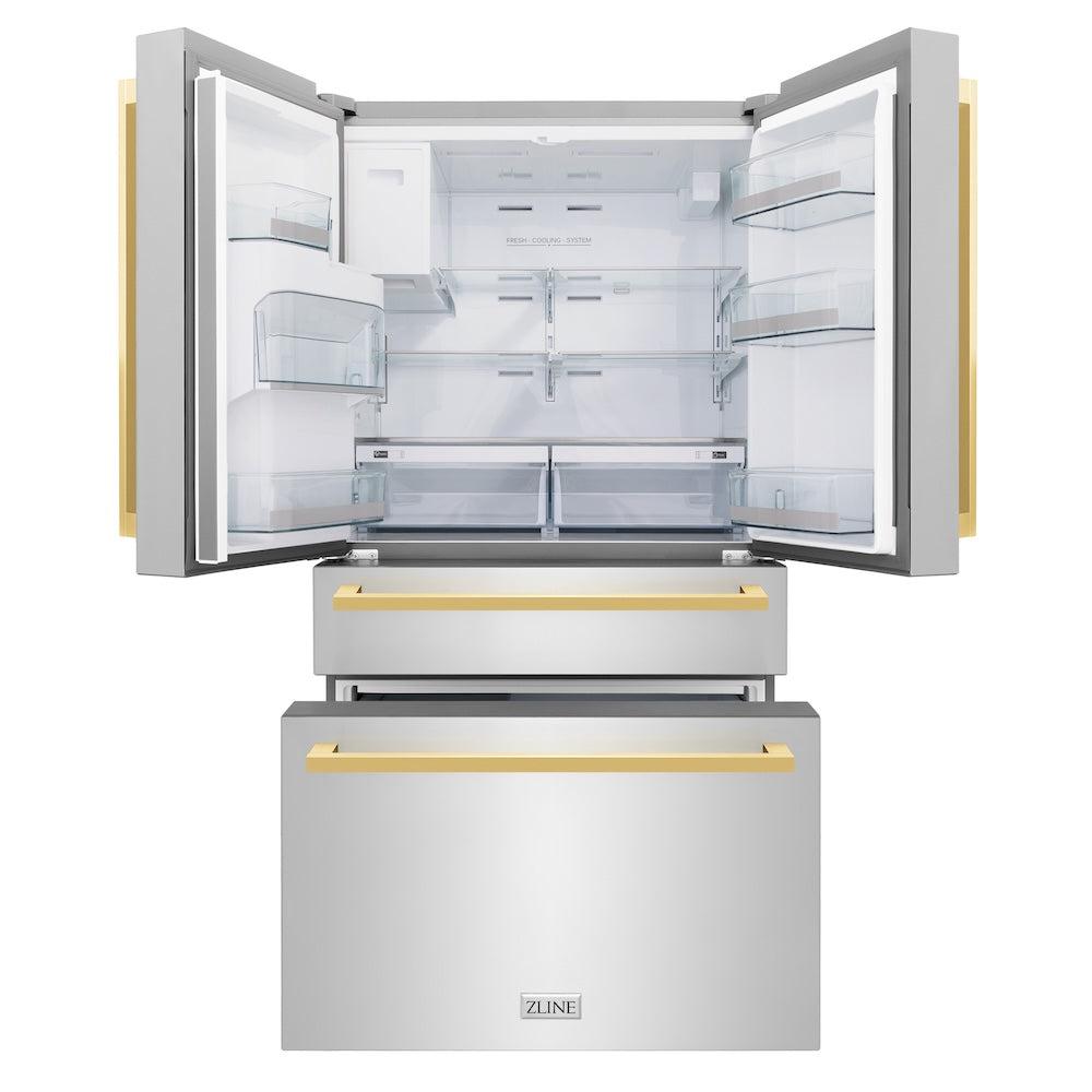 36in. Autograph Edition 21.6 cu. ft 4-Door French Door Refrigerator with Water and Ice Dispenser in Stainless Steel with Polished Gold Square Handles - (RFMZW36FG) -