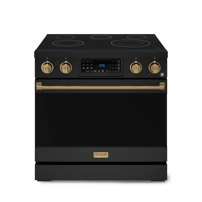 Gordon Ramsay by Thor Kitchen 36-Inch Professional Electric Range with Tilt Panel Touch Control and 6.0 Cu. Ft. Oven with Air Fryer and Self Clean in Black with Bronze Trim (RSE36BBRZ)