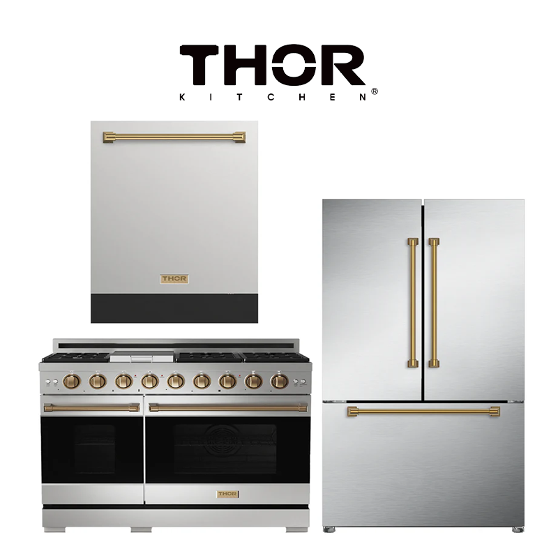 Premium Bronze Kitchen Set – Range (RSG48ELP-BRZ), Refrigerator (RF3621CTD99-BRZ), Dishwasher (DW24X8BA99-BRZ)