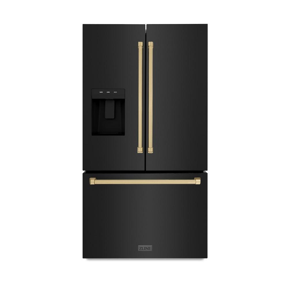 AutographEdition 36 in. 28.9 cu. ft. Standard-Depth French Door External Water Dispenser Refrigerator with Dual Ice Maker in Black Stainless Steel and Champagne Bronze Handles - (RSMZW36BSCB) -