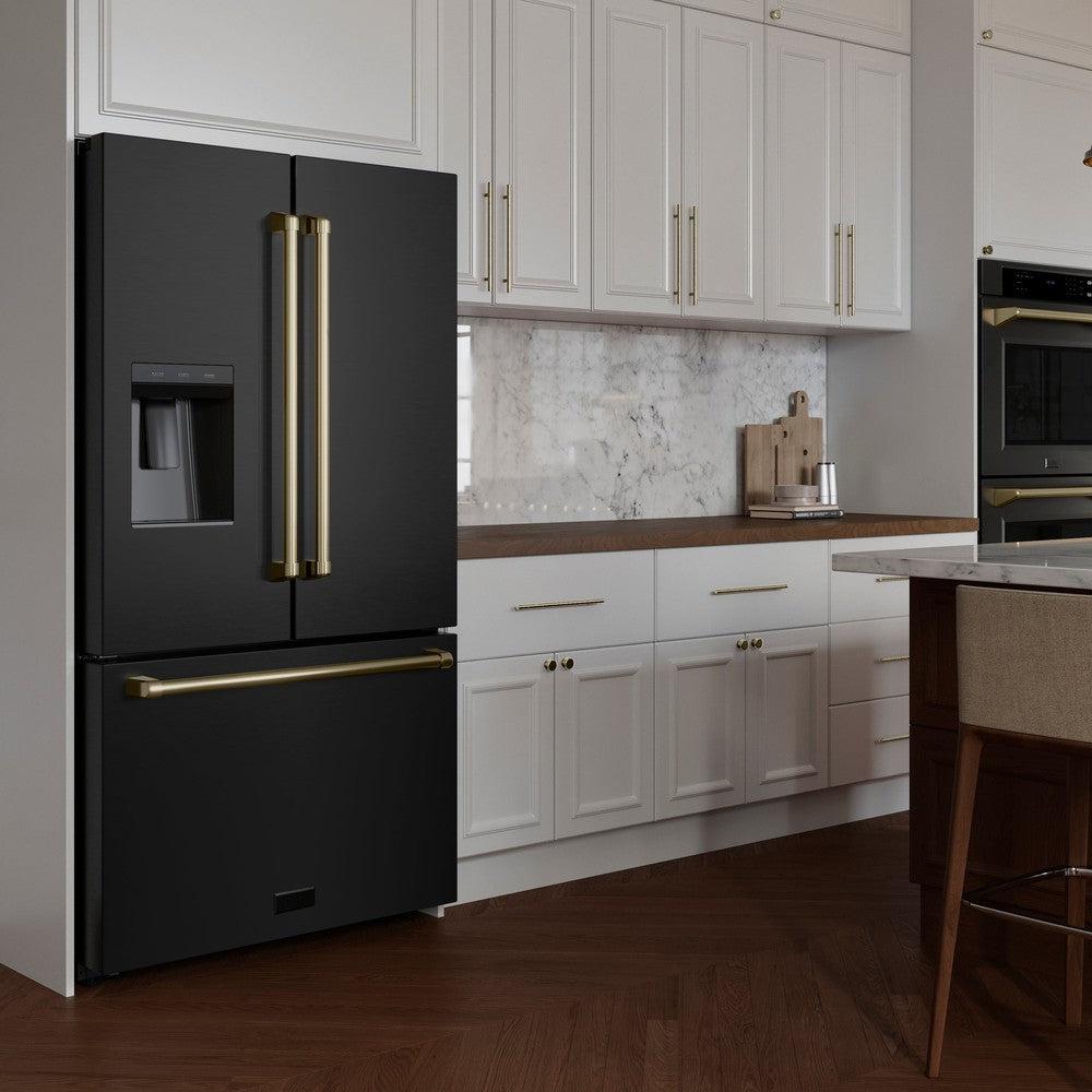 AutographEdition 36 in. 28.9 cu. ft. Standard-Depth French Door External Water Dispenser Refrigerator with Dual Ice Maker in Black Stainless Steel and Champagne Bronze Handles - (RSMZW36BSCB) -