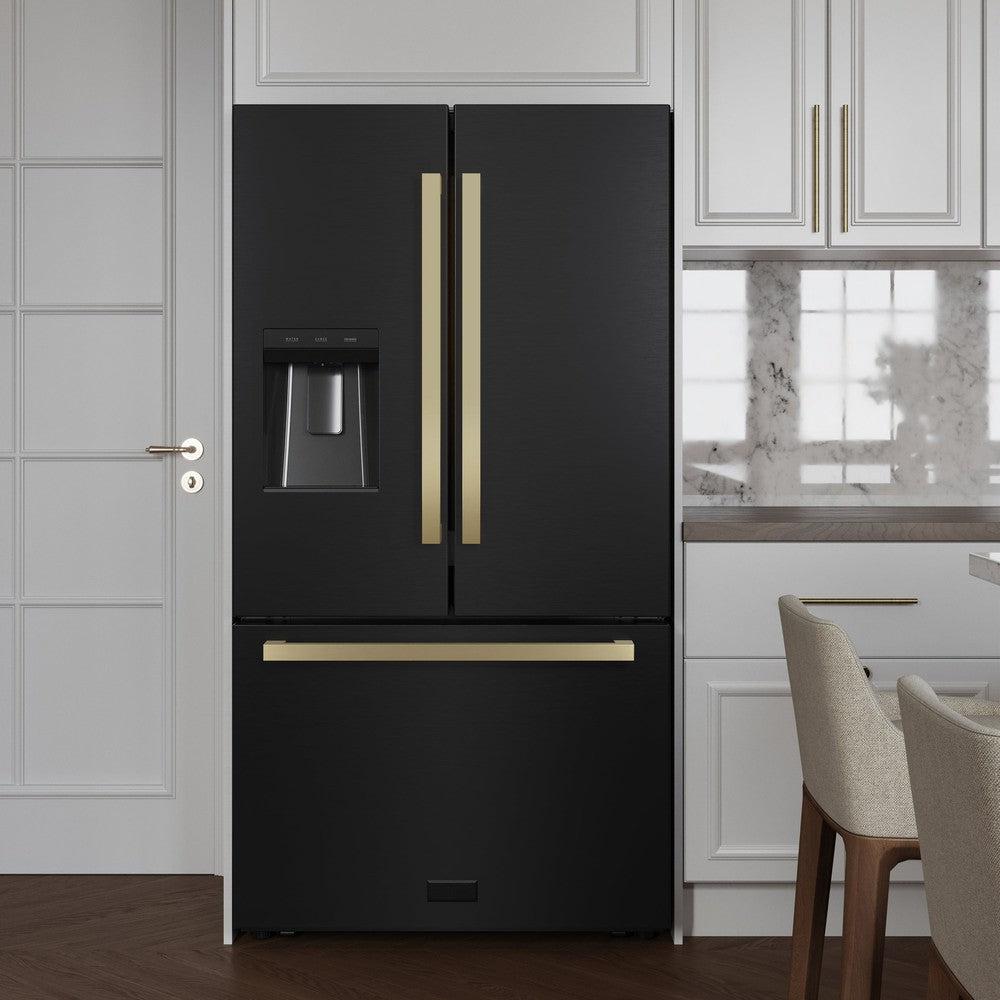 AutographEdition 36 in. 28.9 cu. ft. Standard-Depth French Door External Water Dispenser Refrigerator with Dual Ice Maker in Black Stainless Steel and Champagne Bronze Square Handles - (RSMZW36BSFCB) -
