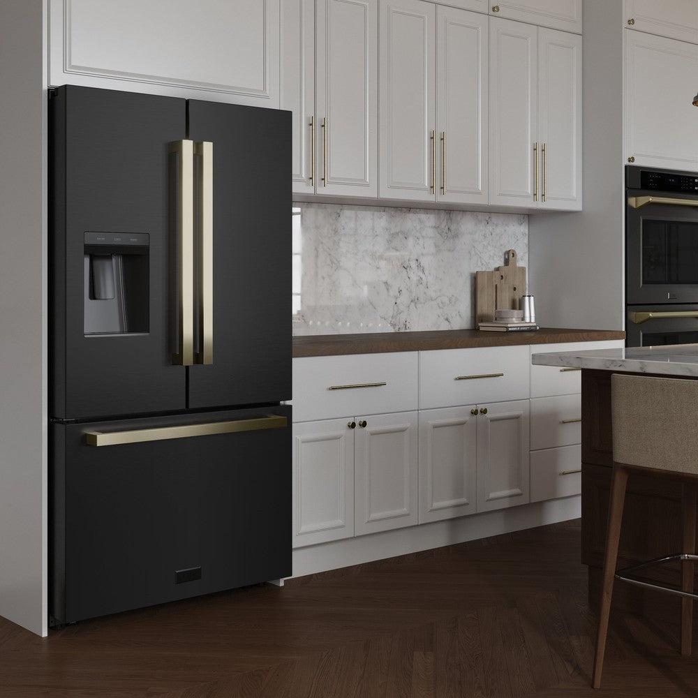 AutographEdition 36 in. 28.9 cu. ft. Standard-Depth French Door External Water Dispenser Refrigerator with Dual Ice Maker in Black Stainless Steel and Champagne Bronze Square Handles - (RSMZW36BSFCB) -