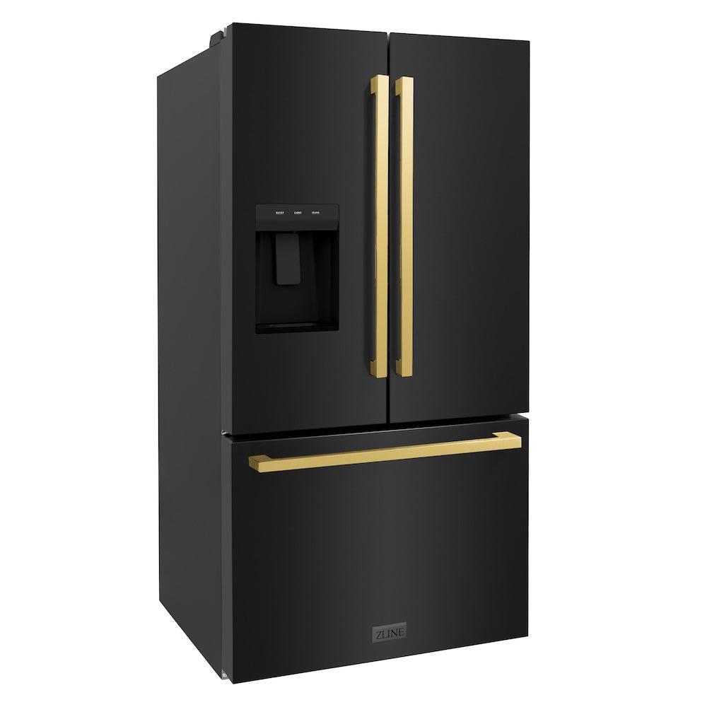 AutographEdition 36 in. 28.9 cu. ft. Standard-Depth French Door External Water Dispenser Refrigerator with Dual Ice Maker in Black Stainless Steel and Polished Gold Square Handles - (RSMZW36BSFG) -