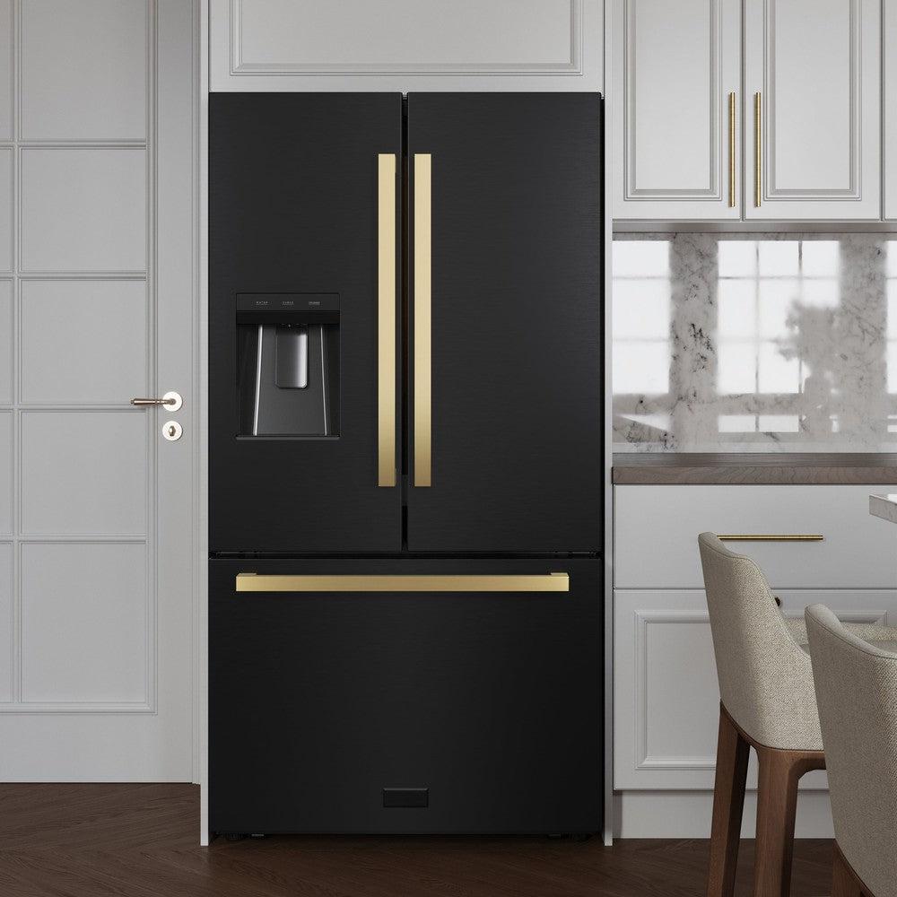 AutographEdition 36 in. 28.9 cu. ft. Standard-Depth French Door External Water Dispenser Refrigerator with Dual Ice Maker in Black Stainless Steel and Polished Gold Square Handles - (RSMZW36BSFG) -